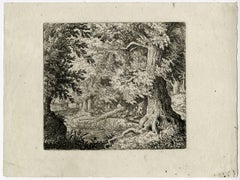 Untitled - View of a forest with men working near a boat.