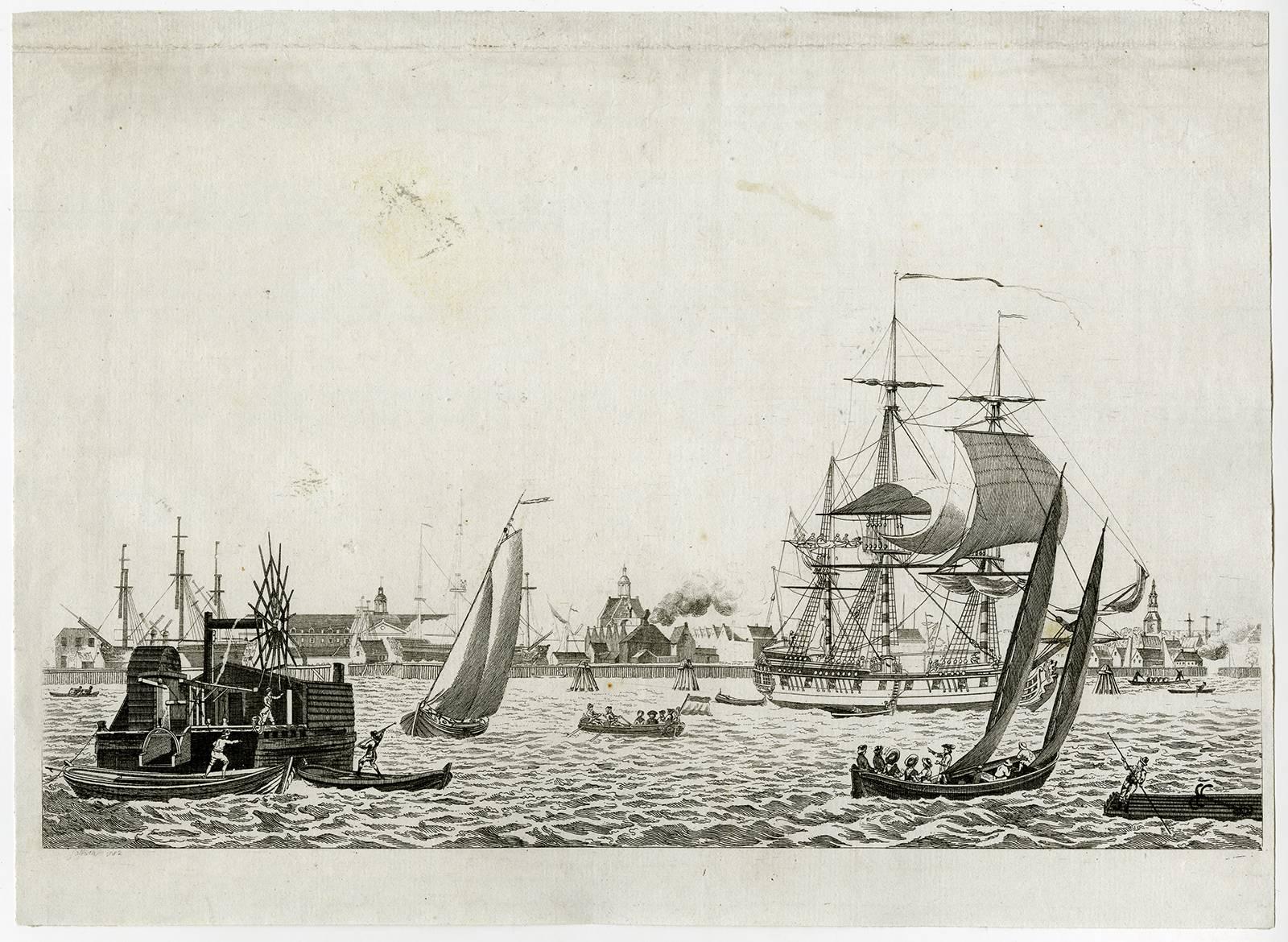 Matthias de Sallieth Figurative Print - Oostelyk gedeelte van Amsterdam, van het Y te zien.