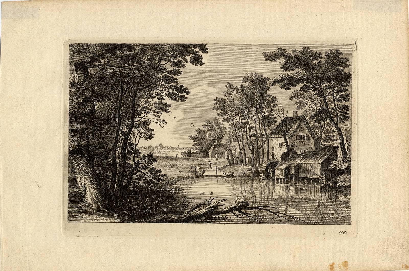Alexander Voet Landscape Print - Untitled - Wooded landscape near a pond with a farm.