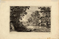 Antique Untitled - Wooded landscape near a pond with a farm.