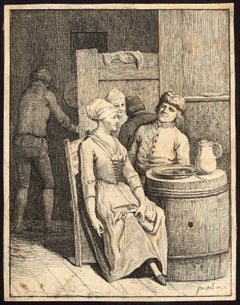 Antique Untitled - Men and women in an inn with barrels as tables.