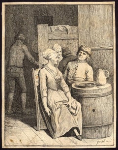 Untitled - Men and women in an inn with barrels as tables.