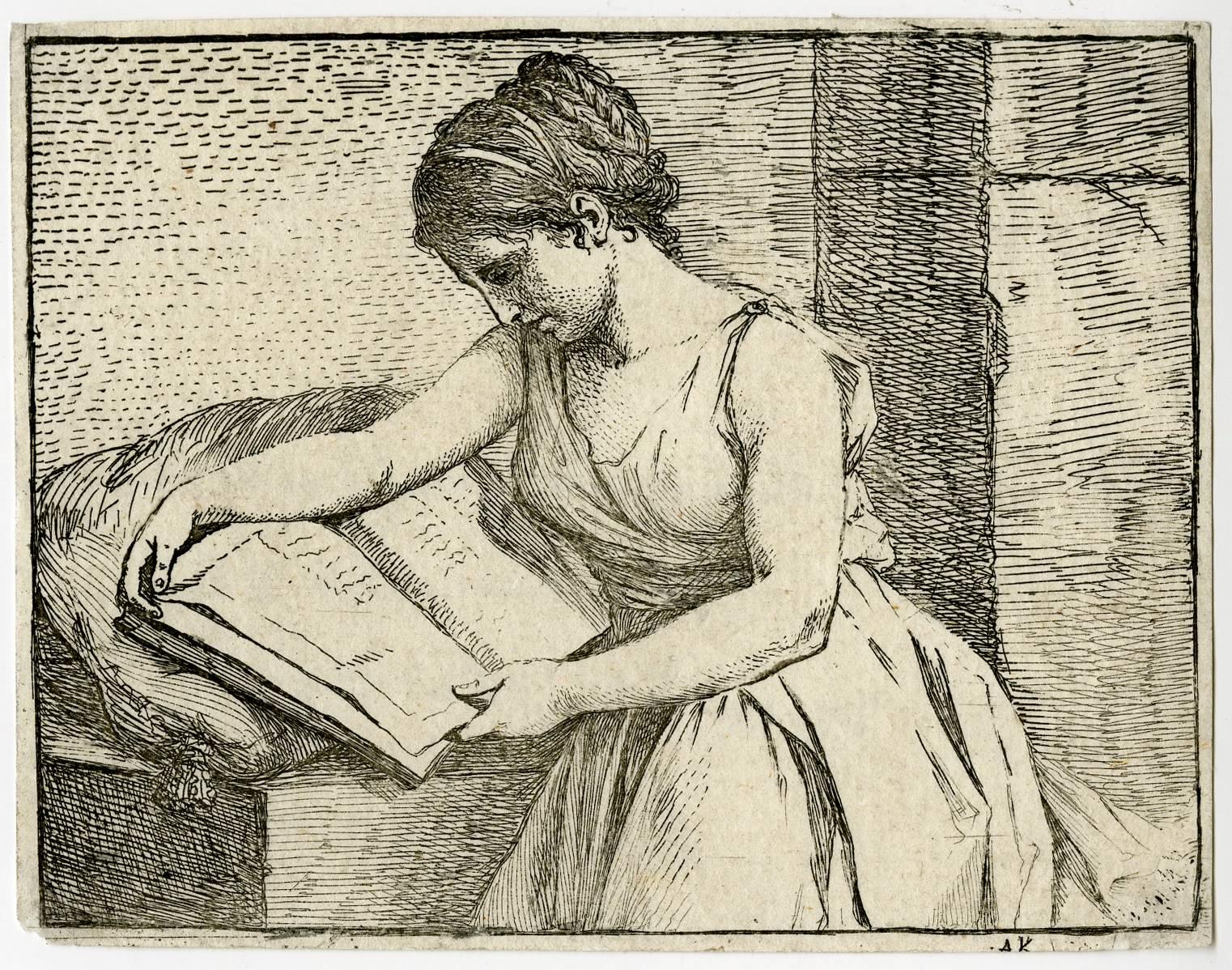 Angelica Kauffmann Figurative Print - Untitled - A woman reading a book.
