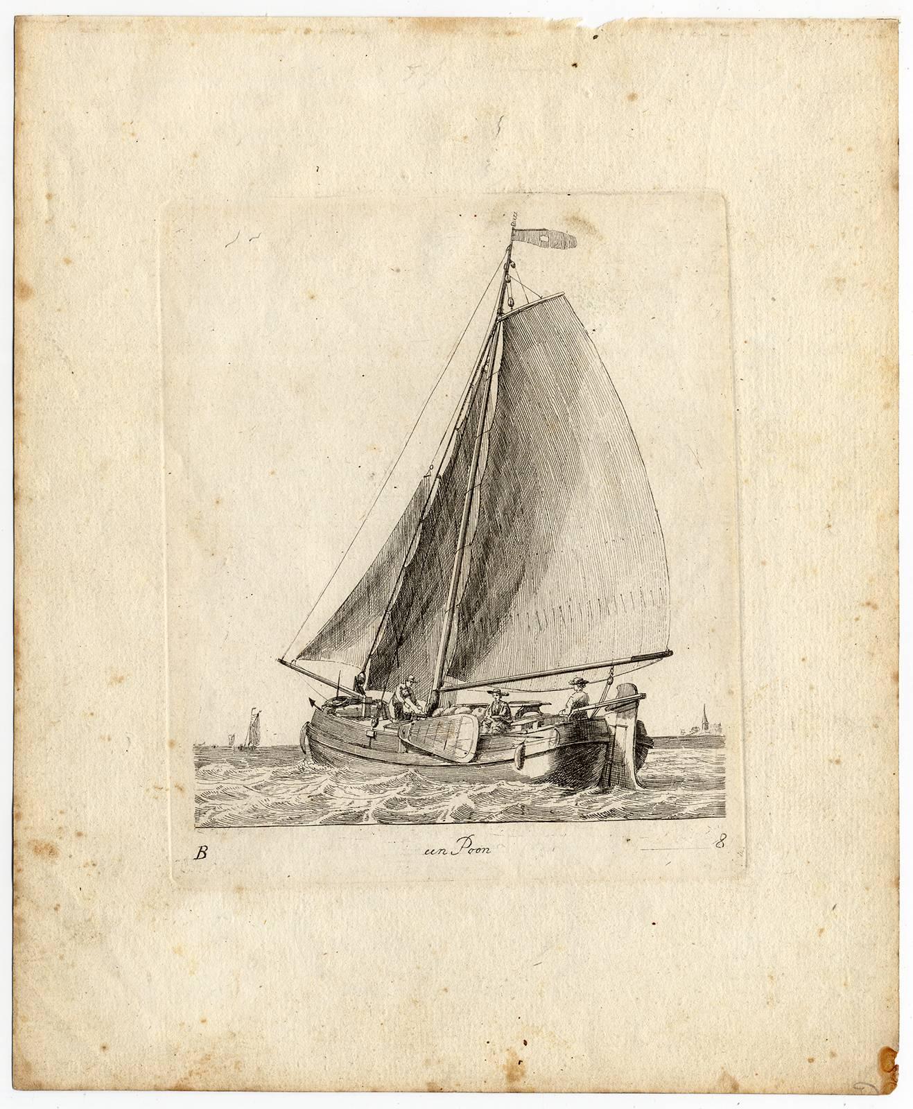 Gerrit Groenewegen Figurative Print - Een Poon. A flat-bottom sailing freight ship ship called a Poon.
