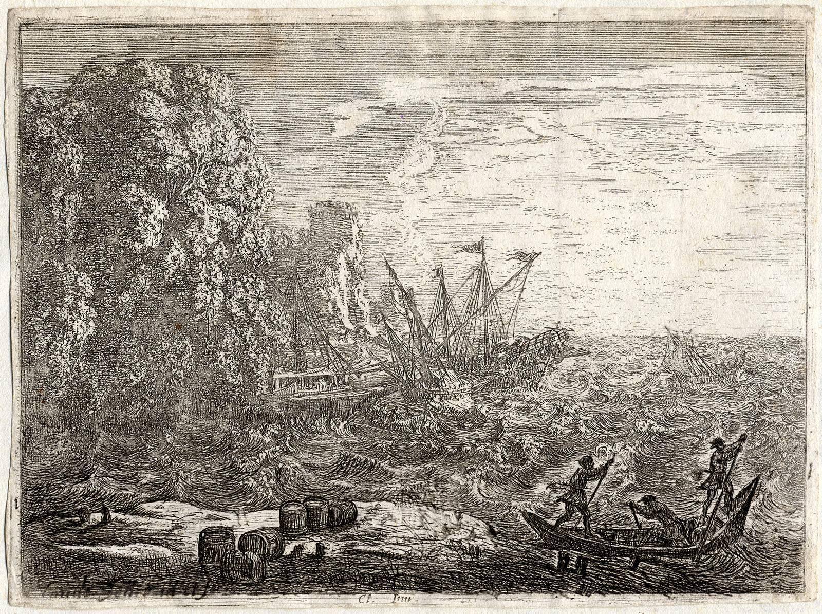 Unknown Figurative Print - La Naufrage, The Tempest. Ships in peril near a rocky coast. 