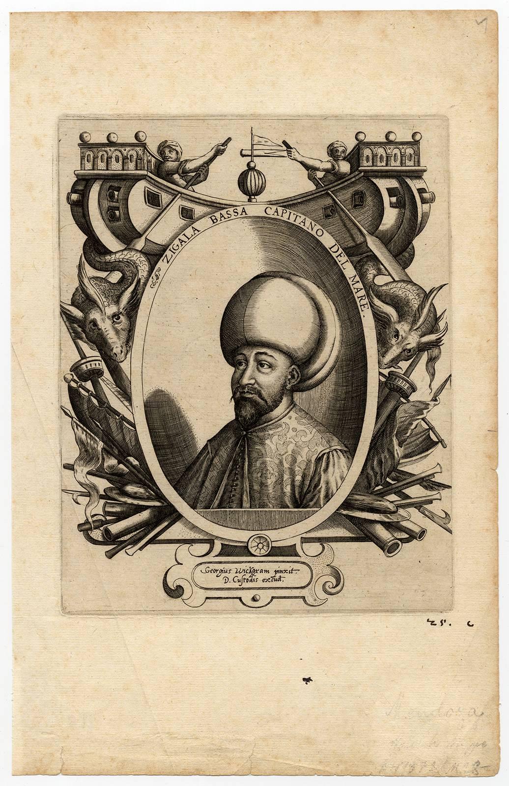Domenicus Custos Portrait Print - Untitled - Zigala Bassa, portrait of an oriental naval captain in turban.
