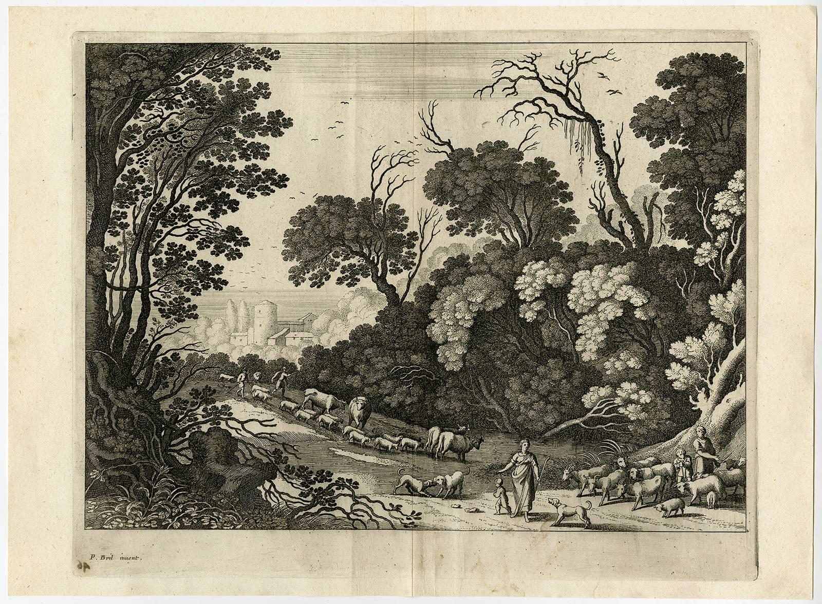 Nicolas Perelle Landscape Print - Untitled - A herd of cows and sheep fording a stream in a forest.