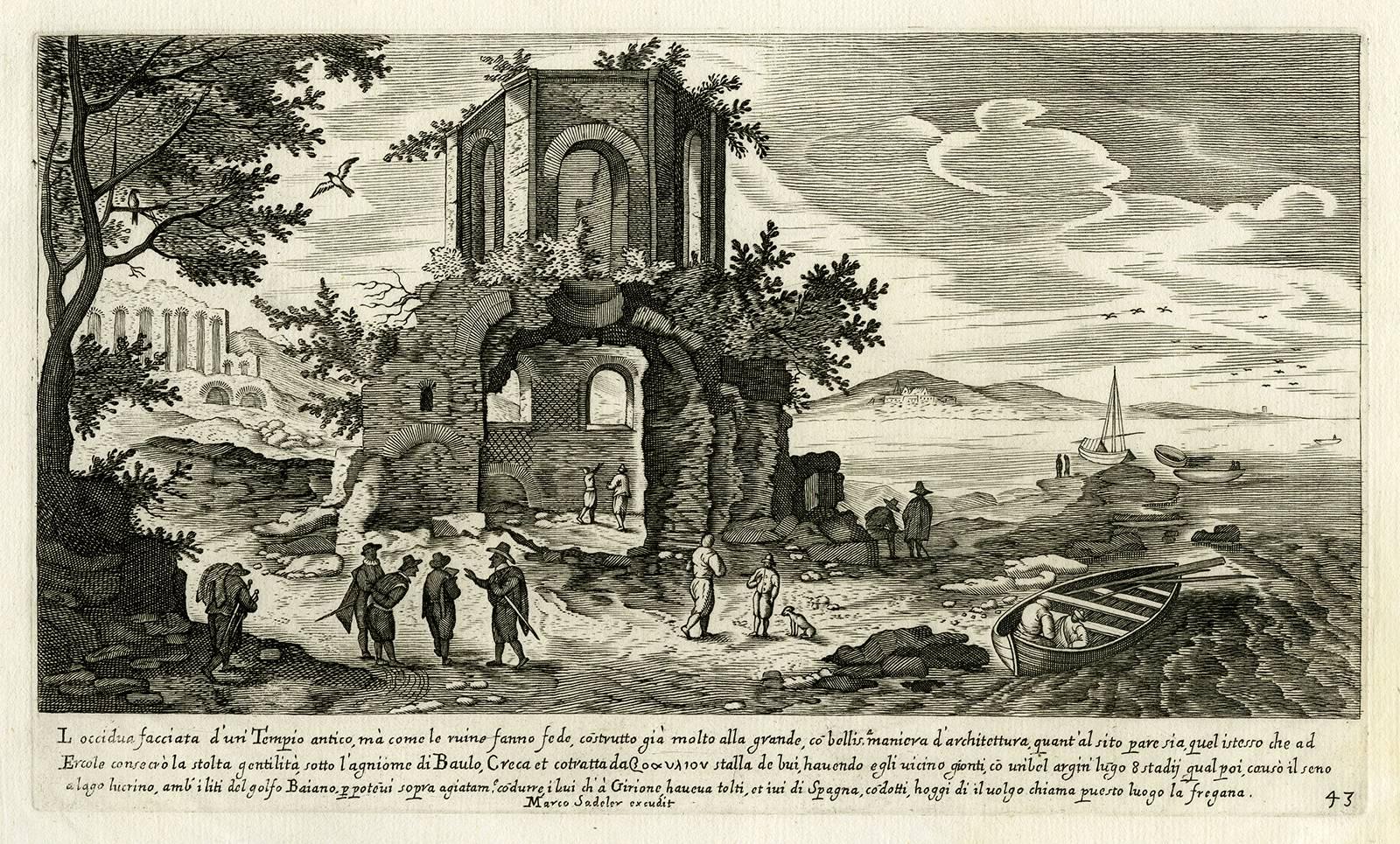 Aegidius Sadeler II Landscape Print - Untitled - View of a ruined temple near a shore.