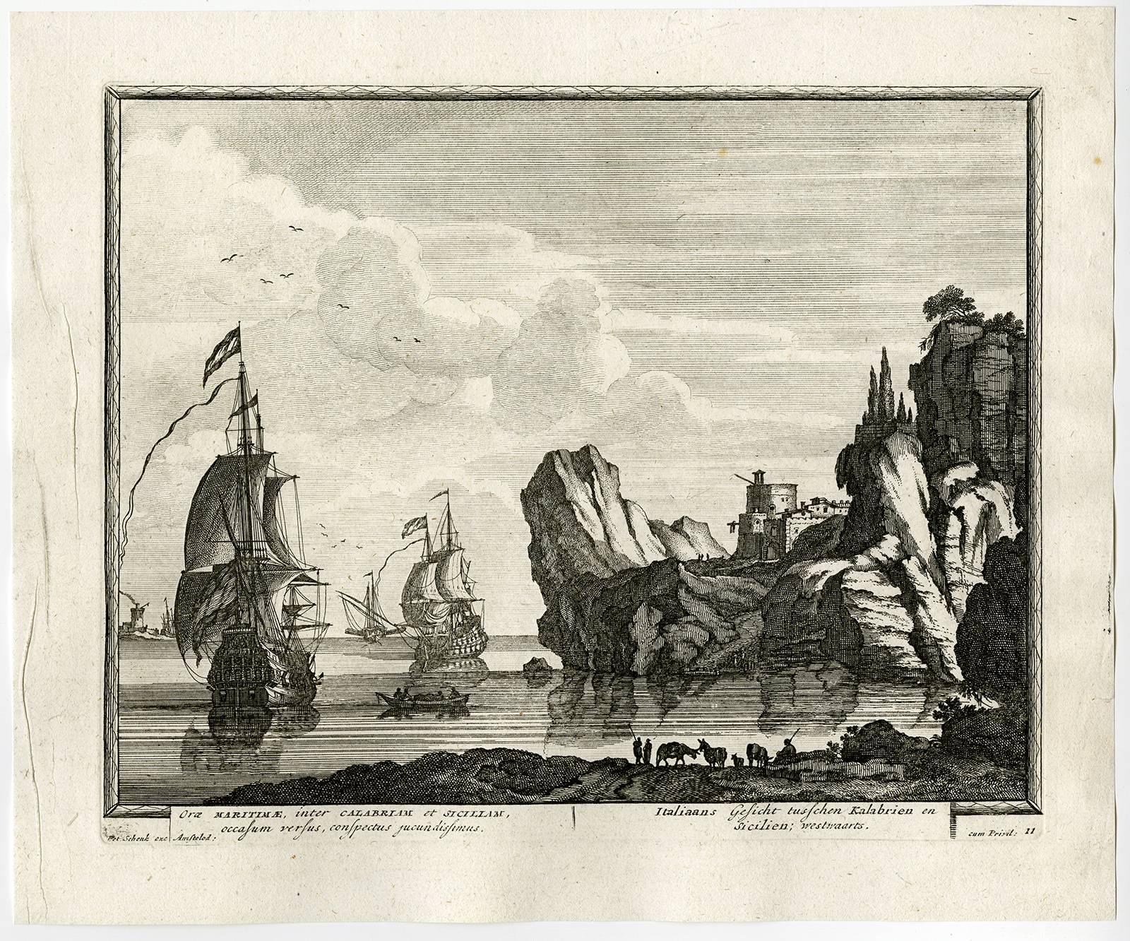 Pieter Schenk the Elder Landscape Print - Oraz Maritimae, inter Calabriam et Siciliam […].