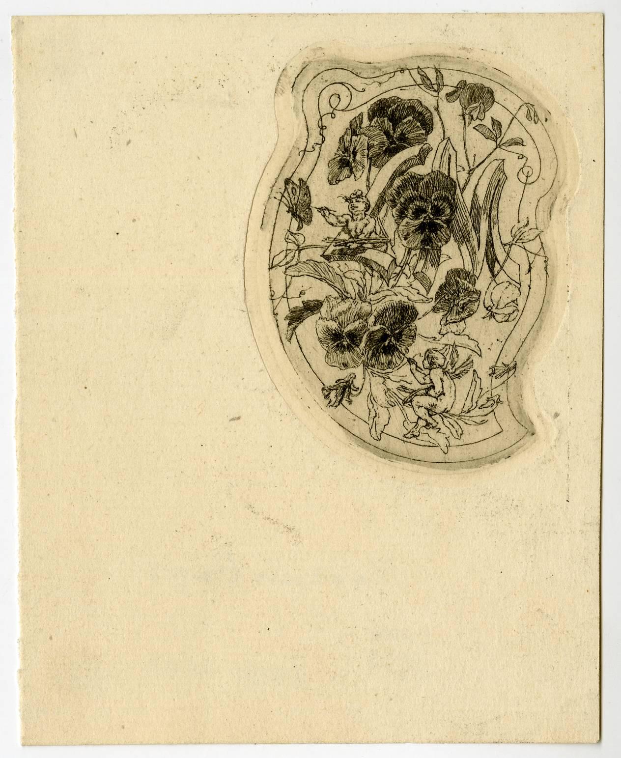 Félicien Rops Figurative Print - Untitled - Ornamental cartouche with the monogram LM; Les Pensees.
