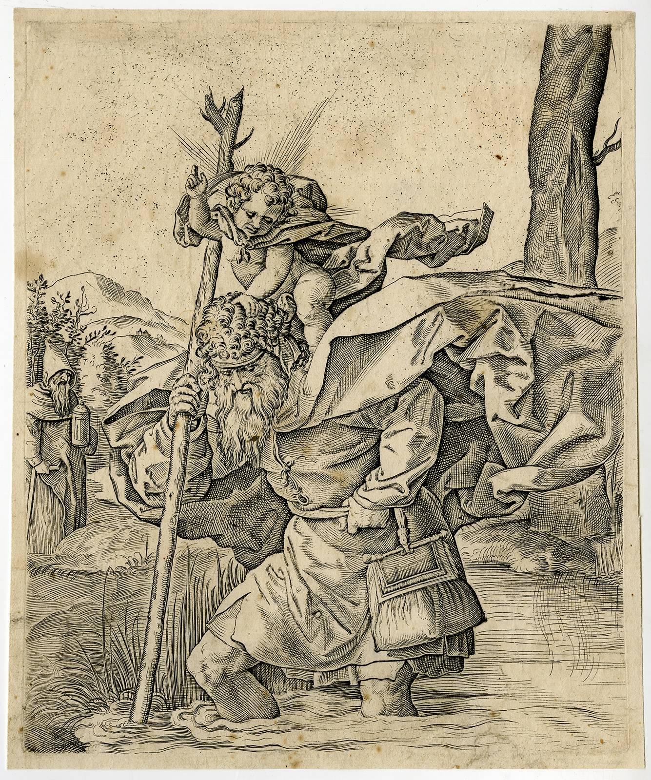 Unknown Figurative Print - Untitled - Landscape with Saint Christopher carrying the child Christ.