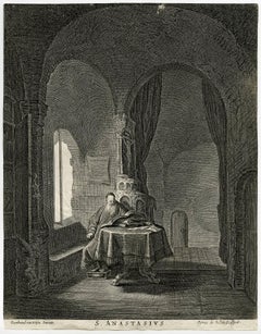 S. Anastasius - St. Anastasius in a room, seated at a table while reading.