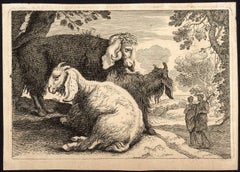 Untitled - Three angora goats and two shepherds in a landscape.