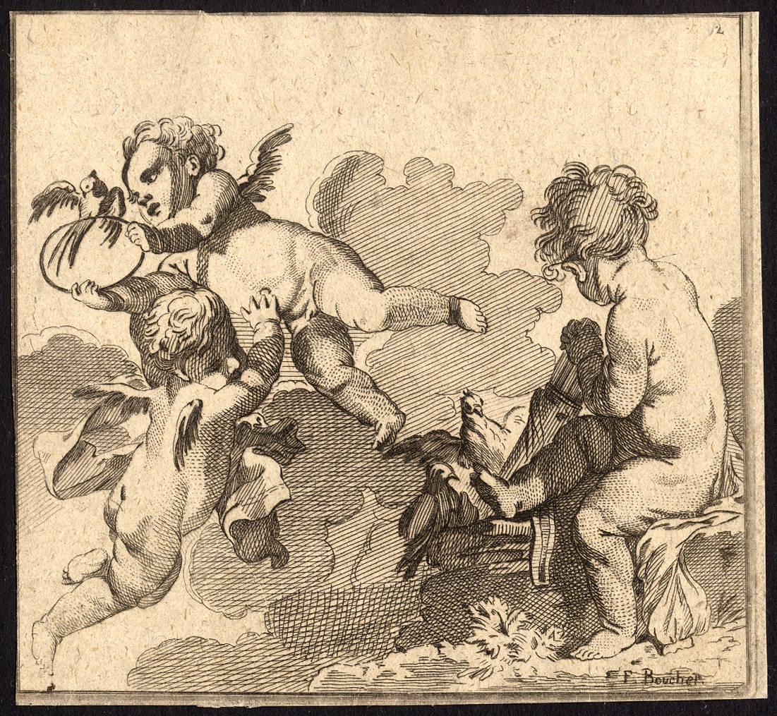 Unknown Figurative Print - Untitled - Three putti playing. 