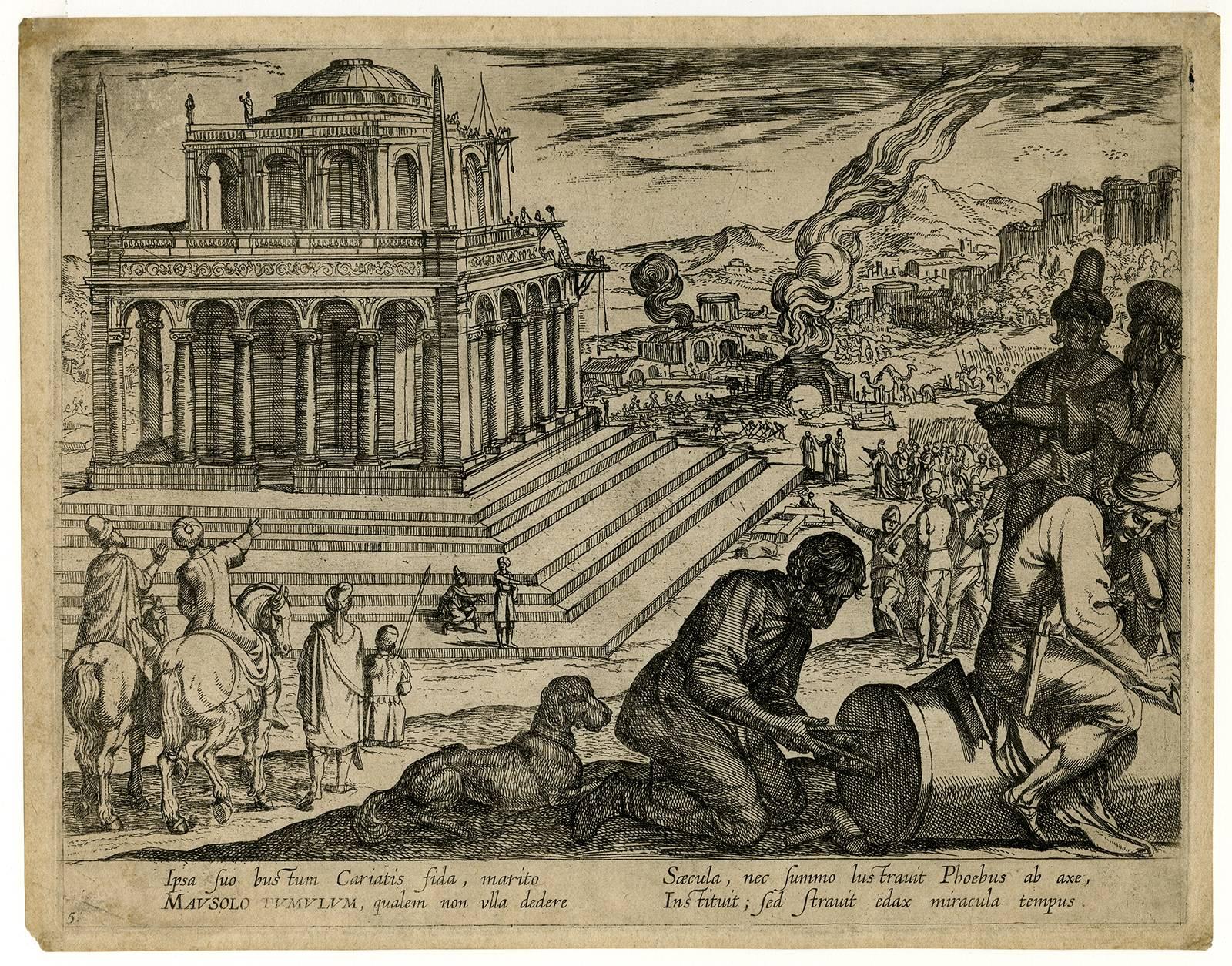 Antonio Tempesta Figurative Print - Ipsa suo…Mausolo Tumulumn […]. The grave of king Mausolos.