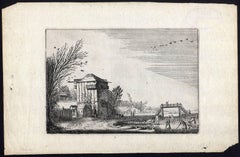 Antique Landscape with ice skaters and a farm.