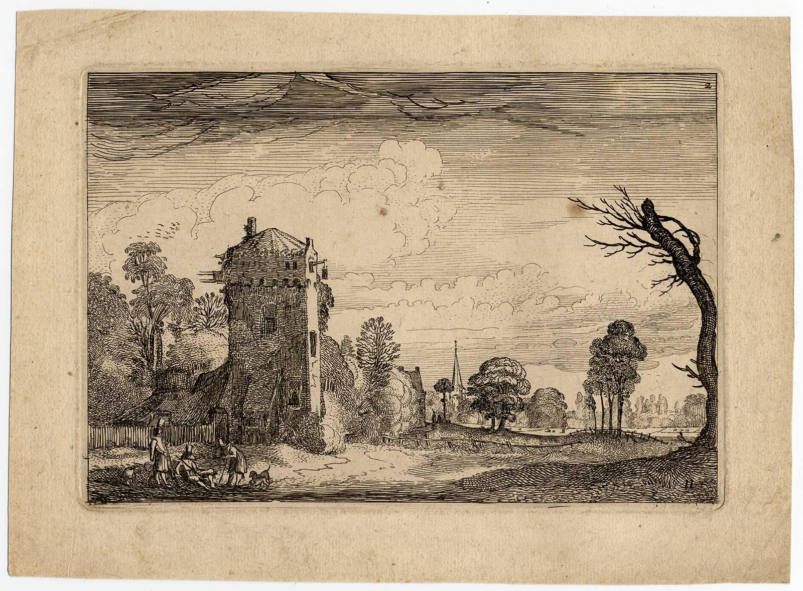 Jan Van de Velde Landscape Print - Untitled - View of a road with a watch tower and 3 resting men.