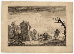 Untitled - View of a road with a watch tower and 3 resting men.