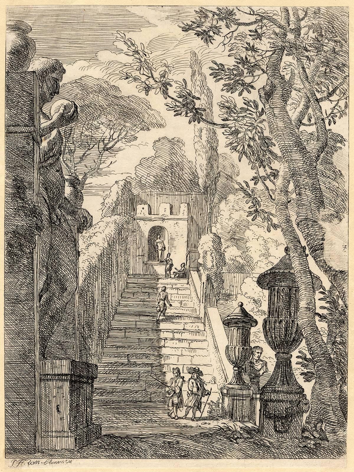 Jan Frans van Bloemen (Orizzonte) Landscape Print - Untitled - Italian garden with statues, sculpted vases and stairs.
