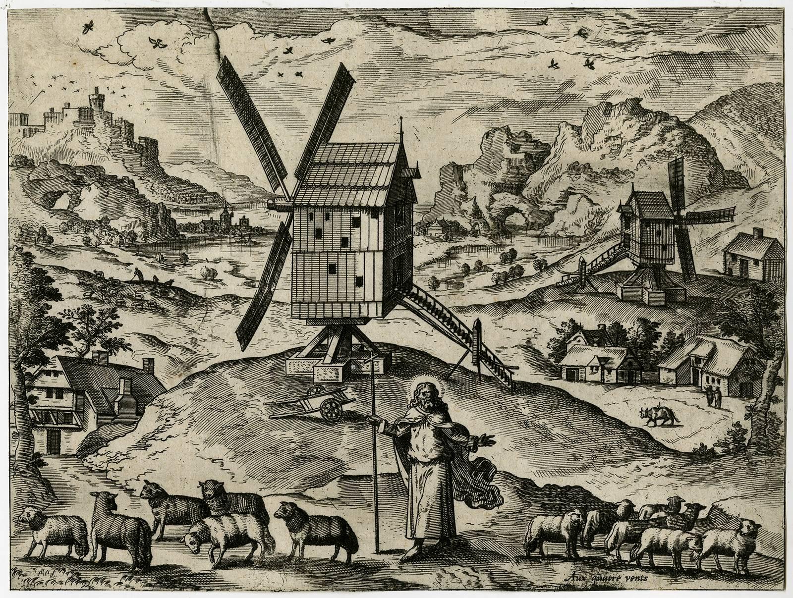 Unknown Figurative Print - Untitled - Landscape with windmills and god as the Good Shepherd.