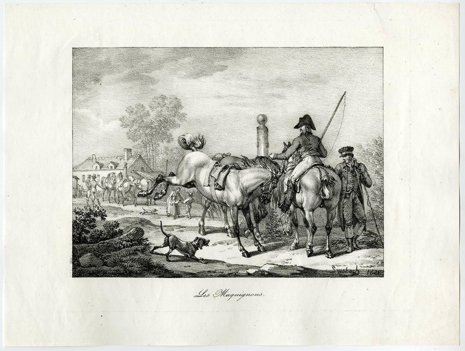 Jacques Francois Joseph Swebach-Desfontaines Landscape Print - Les maquignons - Landscape with dealers and horses.
