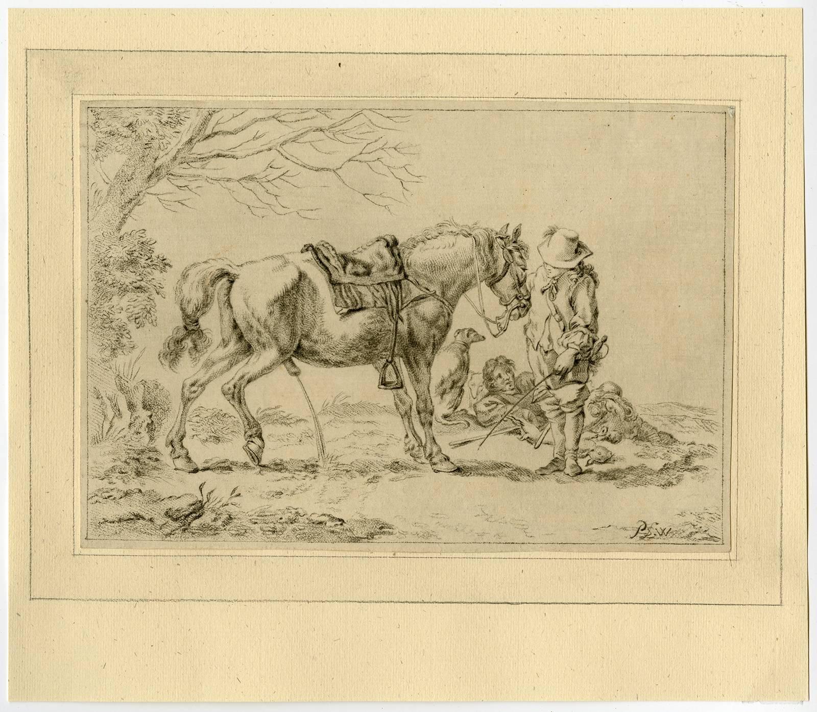 Jan Jacob Bijlaert Print - Untitled - A horse making water, with two riders and a dog present.