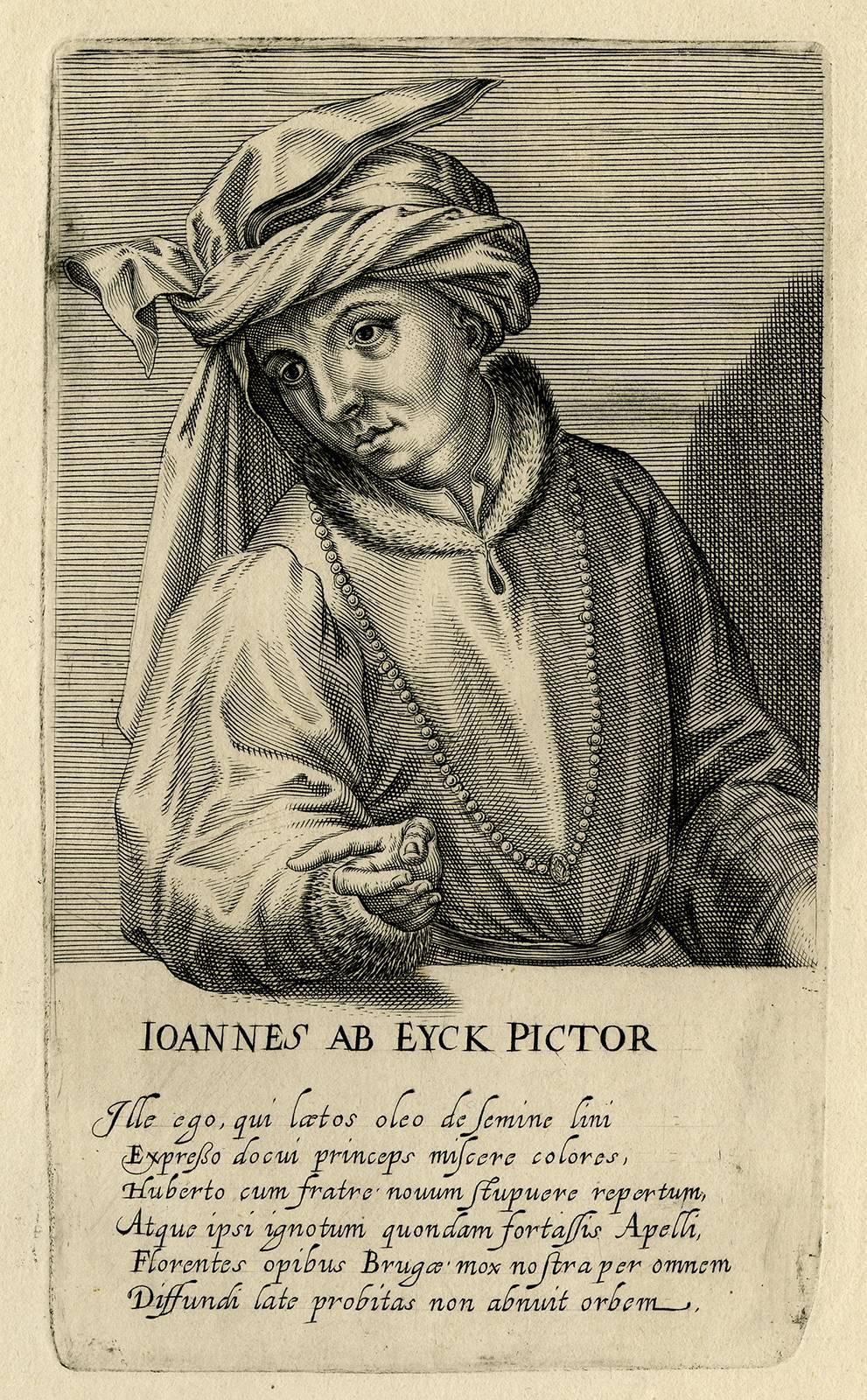 Hendrik Hondius the Elder Portrait Print - Ioannes ab Eyck pictor - Portrait of the painter Jan van Eyck.