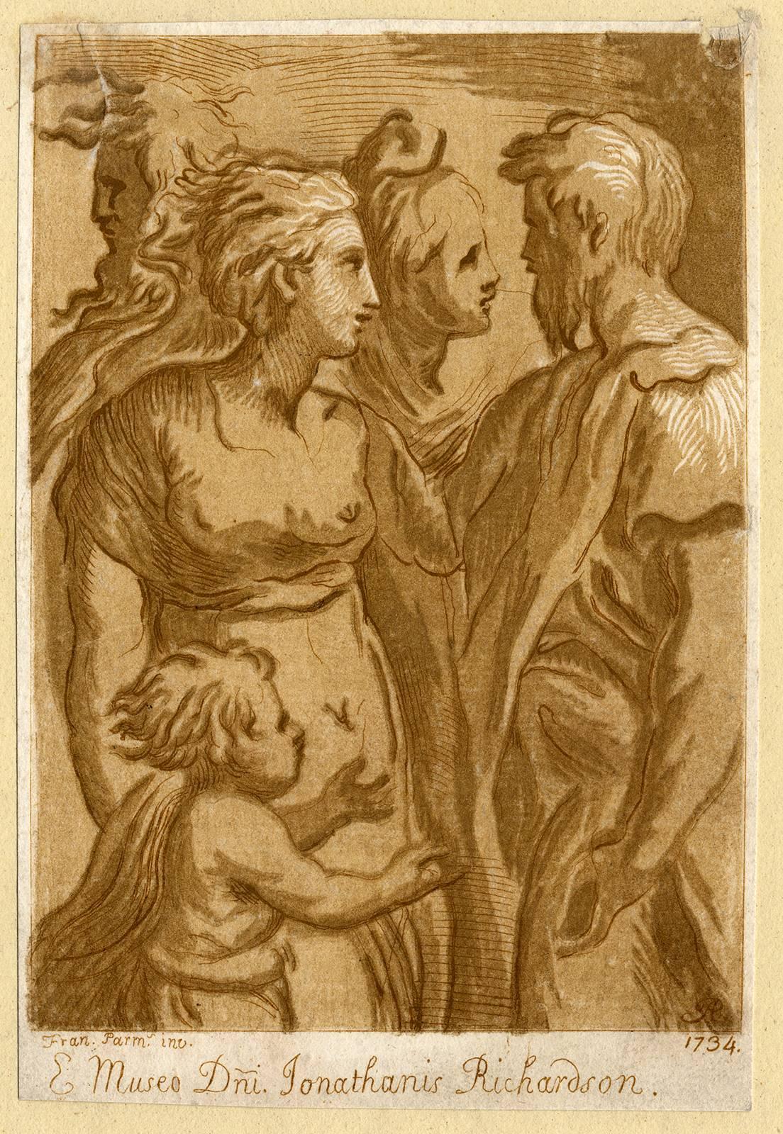 Arthur Pond Portrait Print - Untitled - Portrait of two men and two women and a small child.