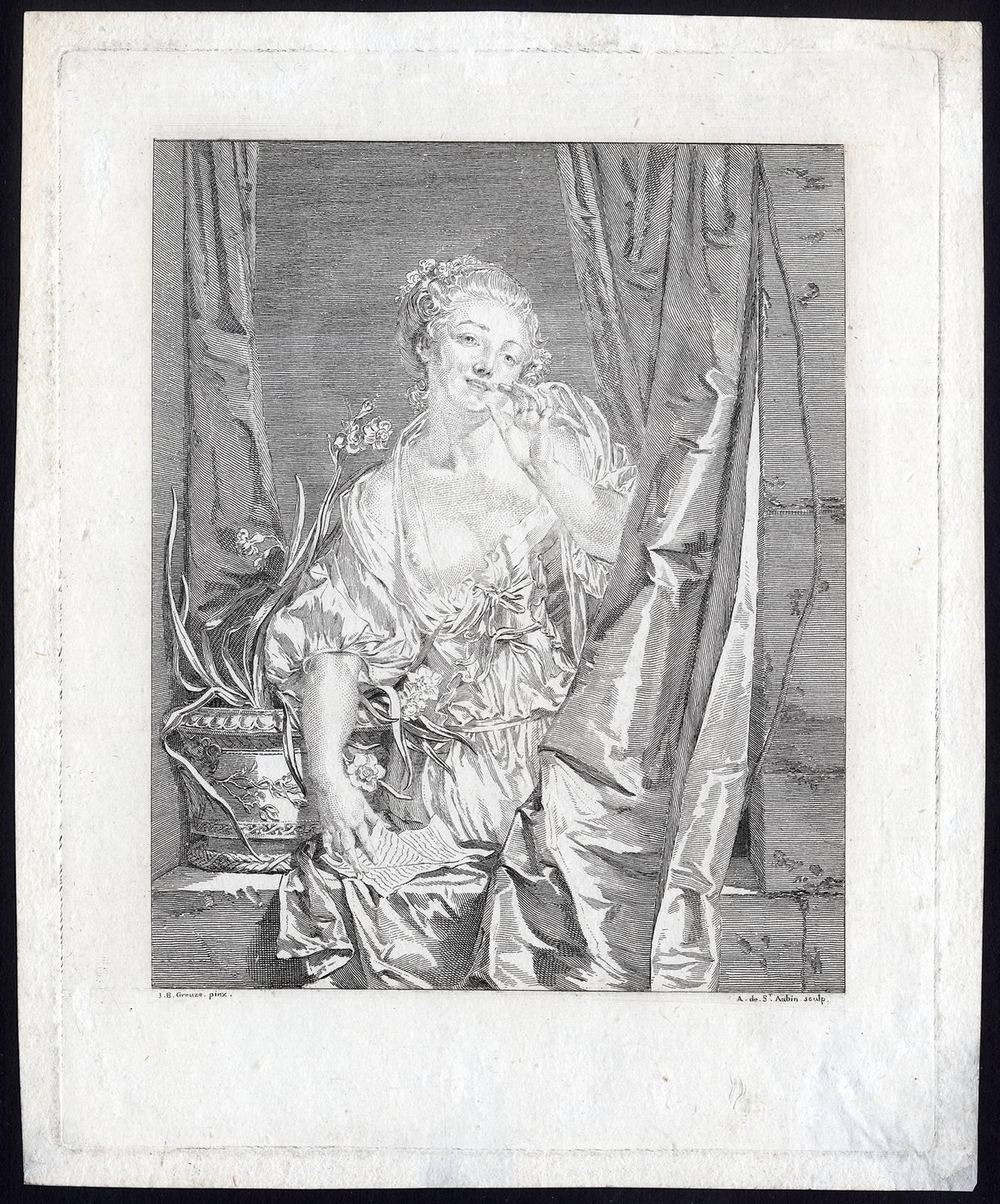 Augustin de Saint-Aubin Figurative Print - Le Baiser Envoyé - The blown kiss.