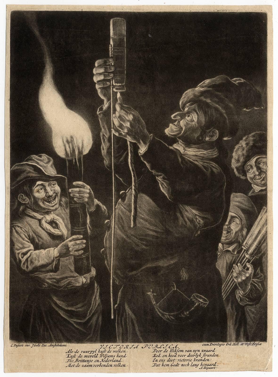 Cornelis Dusart Figurative Print - Victoria Publica. The lighting of fireworks after the conquest of Namur.