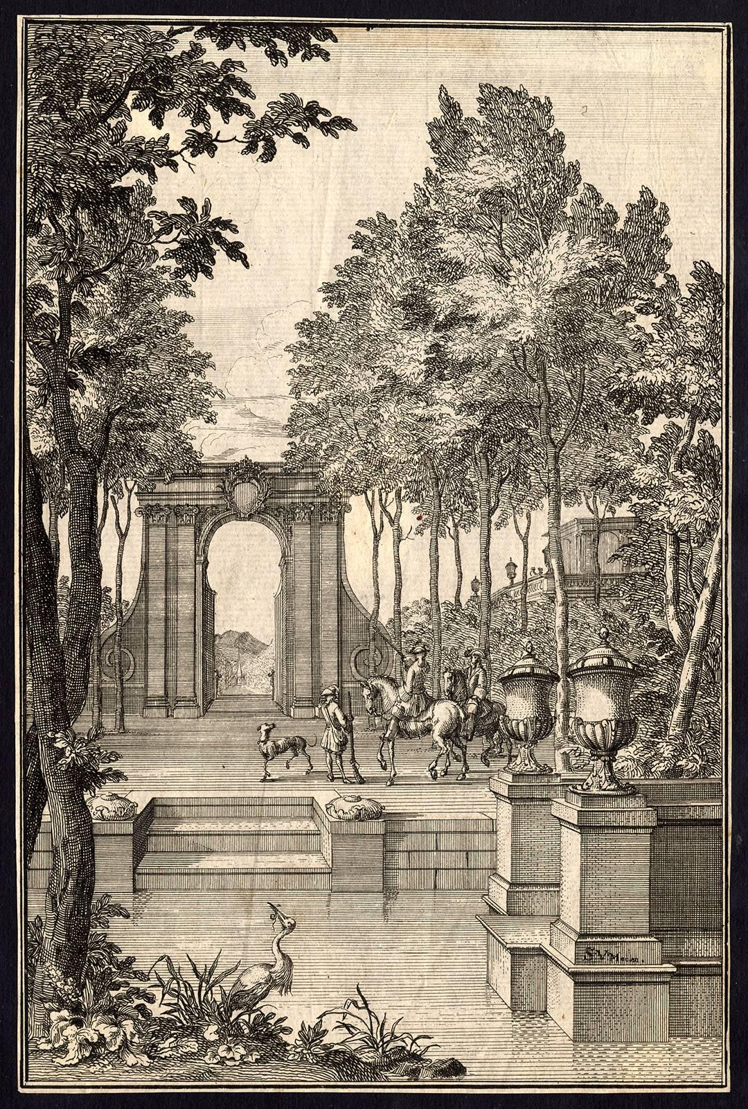 Sieuwert van der Meulen Print - This print shows: two nobles on horseback riding in an architectural garden.