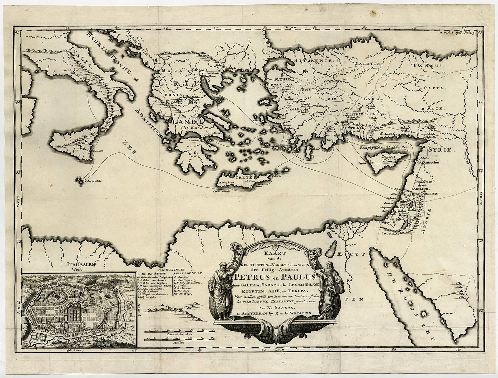 Nicholas Sanson d'Abbeville Print - Kaart van de reis-tochten en verblyf-plaatsen der Heilige apostelen Petrus [...]
