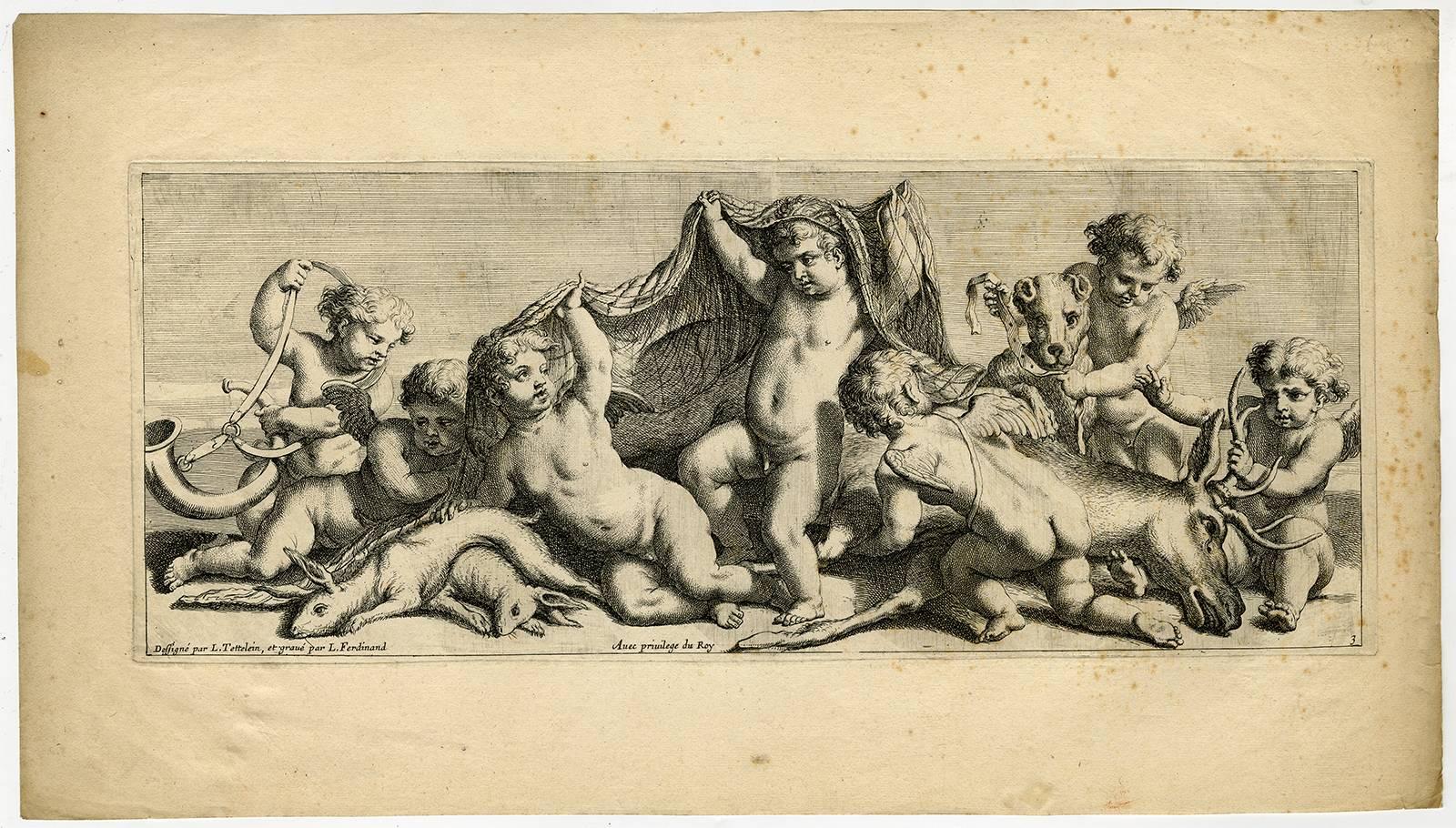  Louis Elle (Ferdinand) Figurative Print - Untitled - Ornamental frieze with putti with hunting attributes.