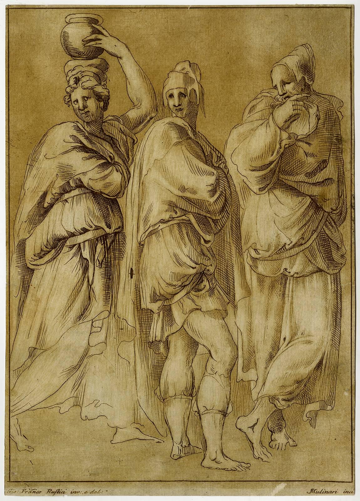 Stefano Mulinari Figurative Print - Untitled - A group of three standing figures.