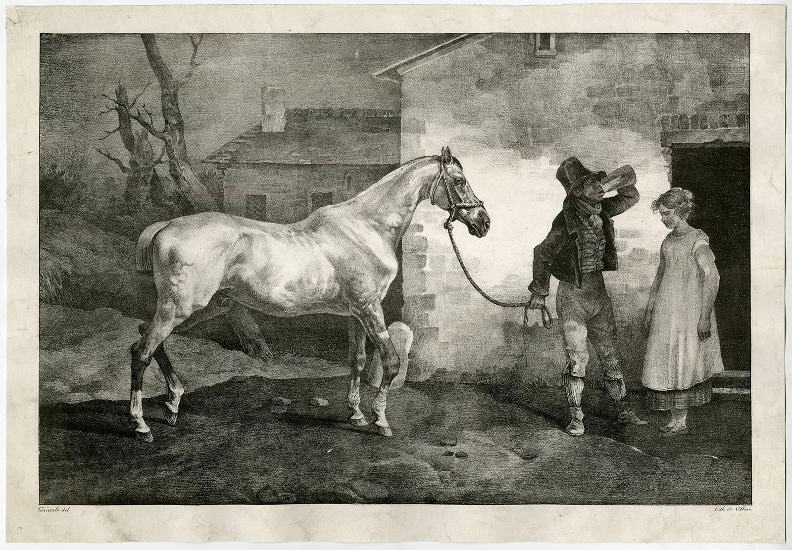 Jean Louis Andre Theodore Gericault Figurative Print - Untitled - An old horse at the entrance of an inn.