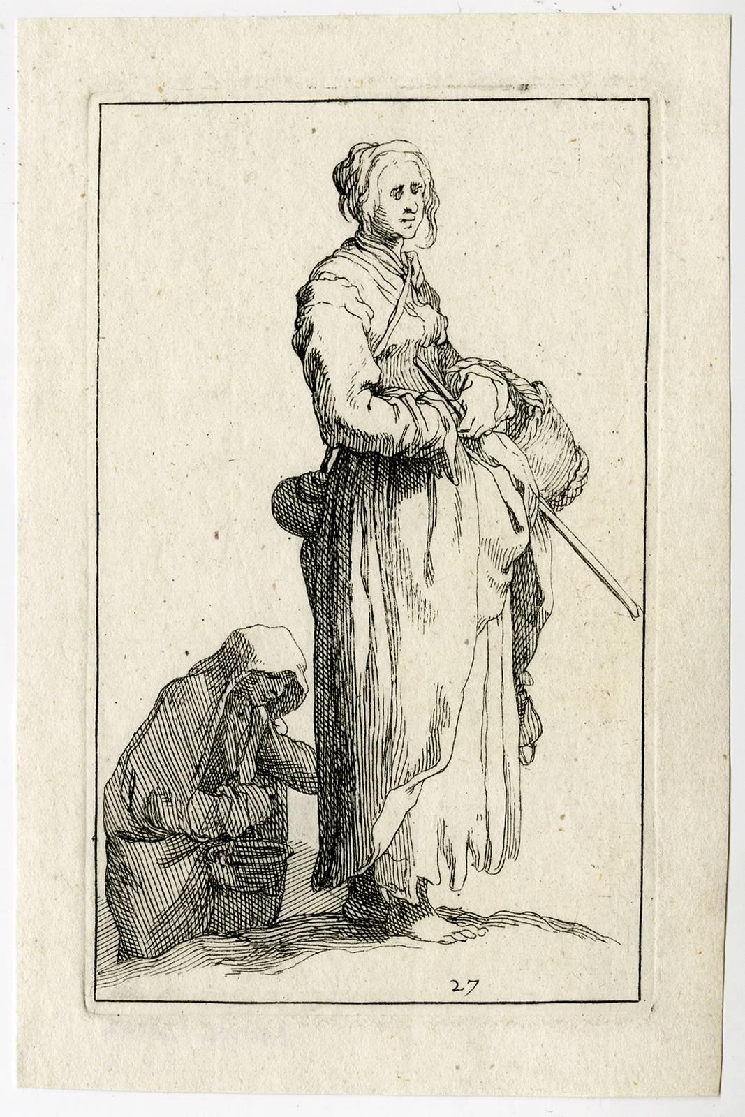 Frederik Bloemaert Figurative Print - Untitled - An old woman with a basket and stick.