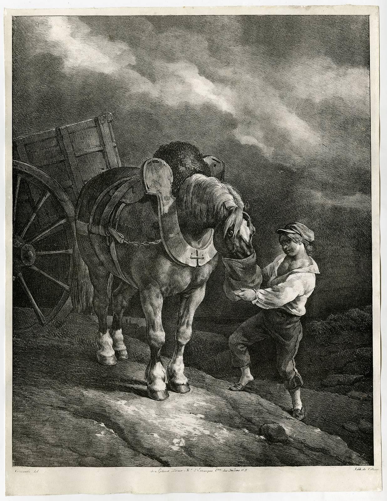 Jean Louis Andre Theodore Gericault Figurative Print - Untitled - A boy feeding a horse oats.