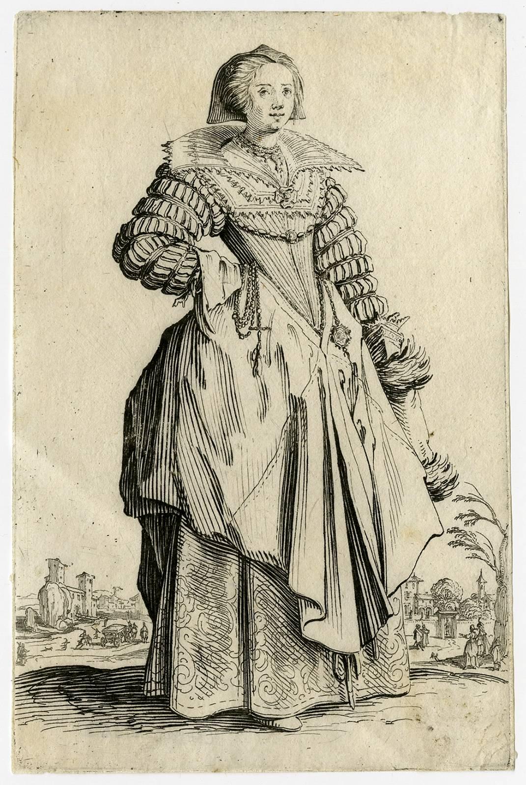 Jacques Callot Figurative Print - Untitled - A standing noble woman.