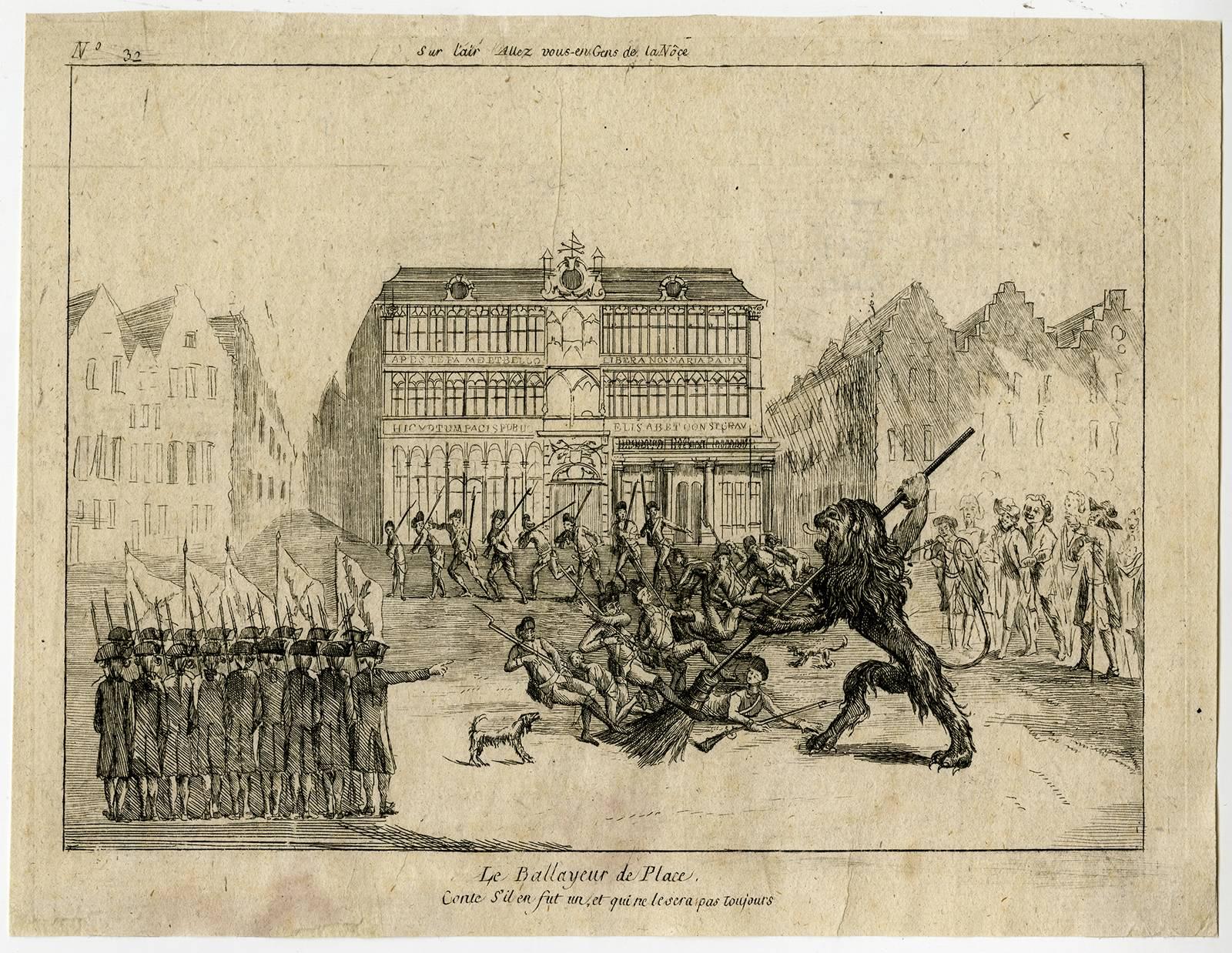Unknown Figurative Print - Le ballayeur de place [..] - The lion of Brabant sweeping the grand market [...]