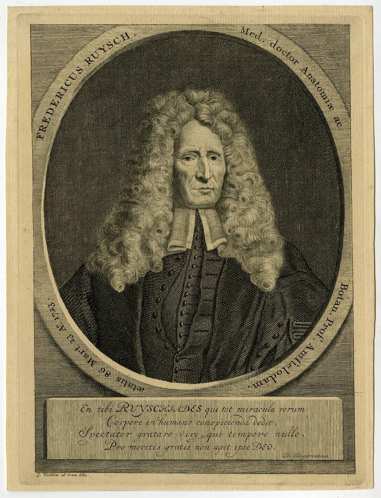 Jan Wandelaar Portrait Print - Fredericus Ruysch med. Doctor anatomiae [..]- Portrait of Frederick Ruysch [...]
