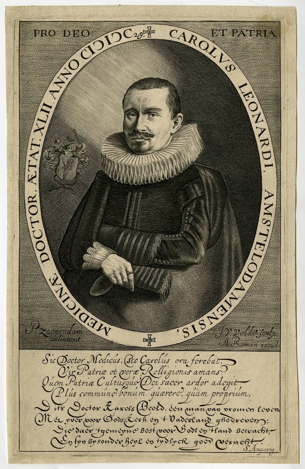 Jan Van de Velde Portrait Print - Carolus Leonardi [..] - Portrait of the physician Carolus Leonardi.