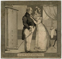 Avant les Etrennes - Before the Bonus; a woman dressing up her man.