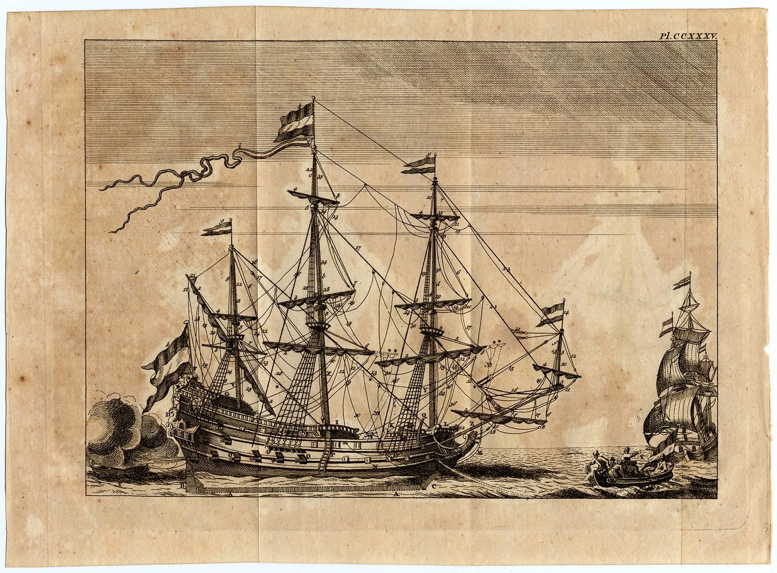 C.J. de Huyser Print - Plate CCXXXV, captioned: A keyed map of the parts of a sailboat [...].