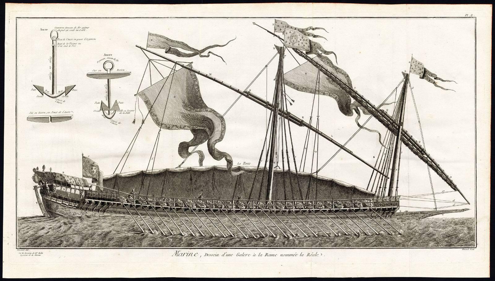J.A. Defehrt and Bonaventure Benoit-Louis Prevost  Figurative Print - Plate II: 'Marine, dessein d'une galere a la Rame nommee la Reale.