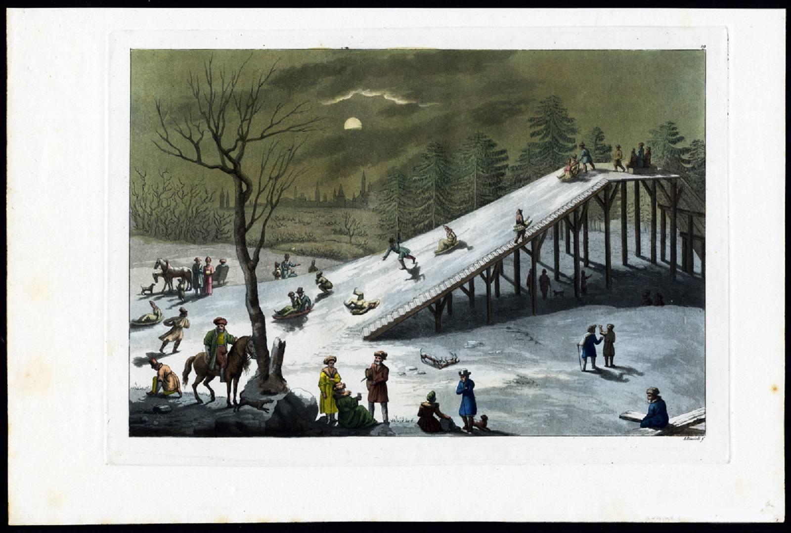 Angelo Biasioli Landscape Print - Beautiful moonlit scene with winter sports activities [...].