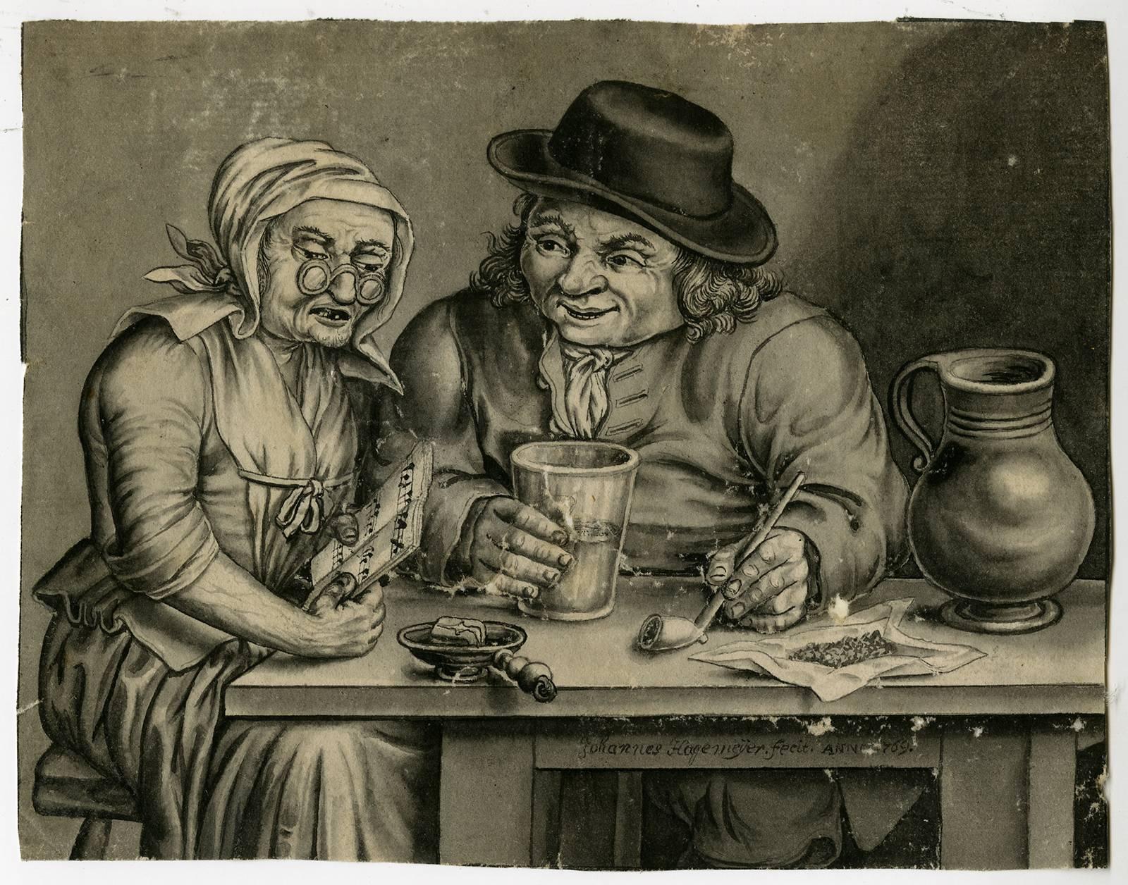 Johannes Hagemeijer Figurative Art – Untitled - A man with a glass and pipe at a table with an old woman [...].
