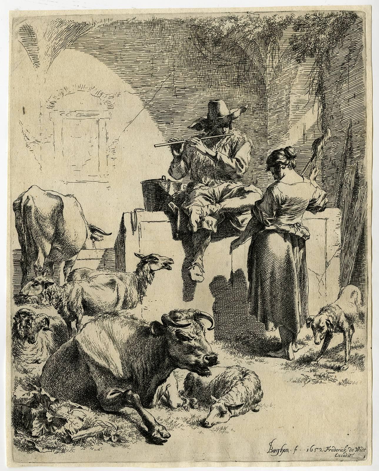 Nicolaes Berchem Figurative Print - Untitled - A flute playing herdsman with his herd.
