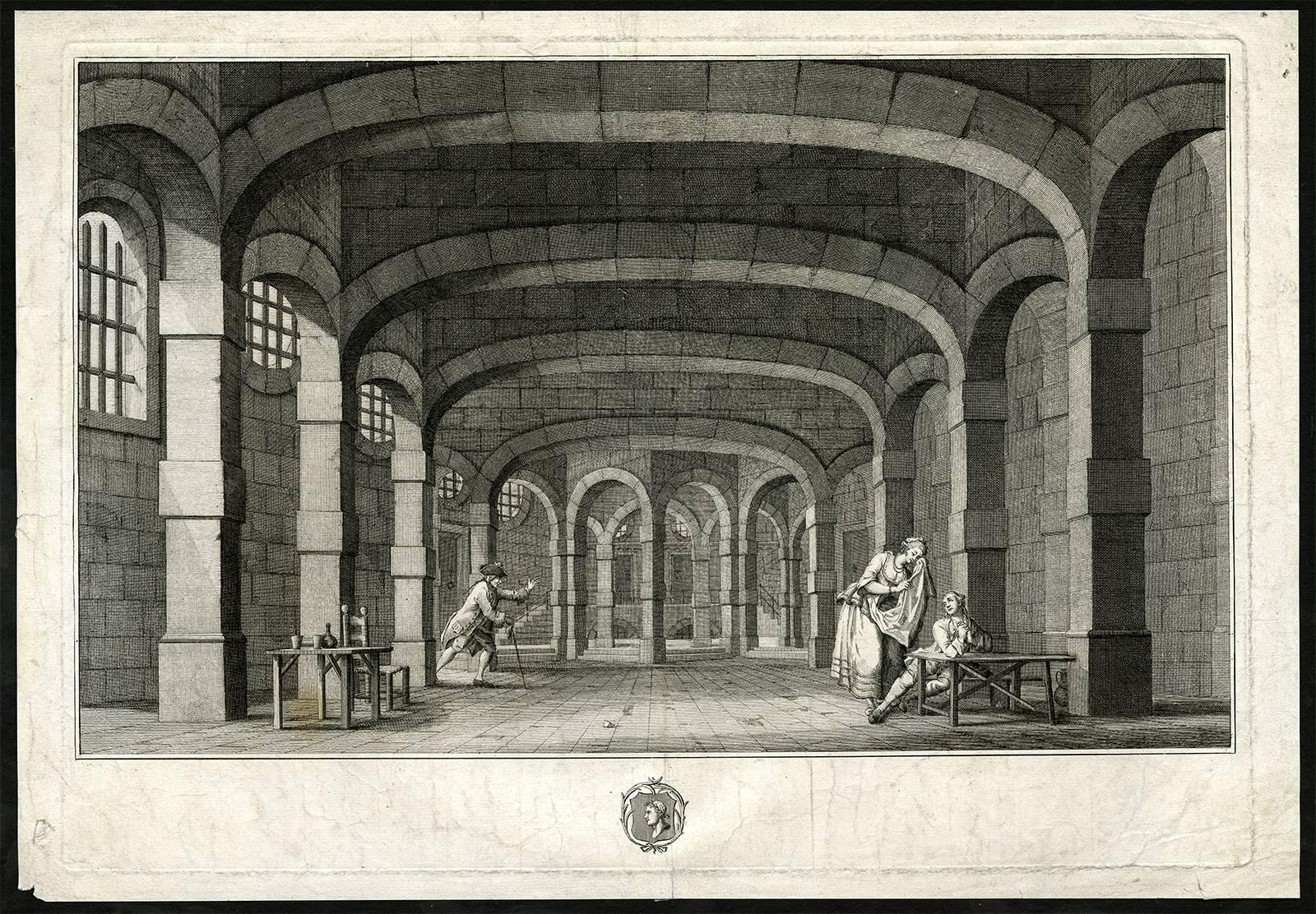 Unknown Figurative Print - Untitled - A scene in the vaulted catacombs of a castle, probably a jail.