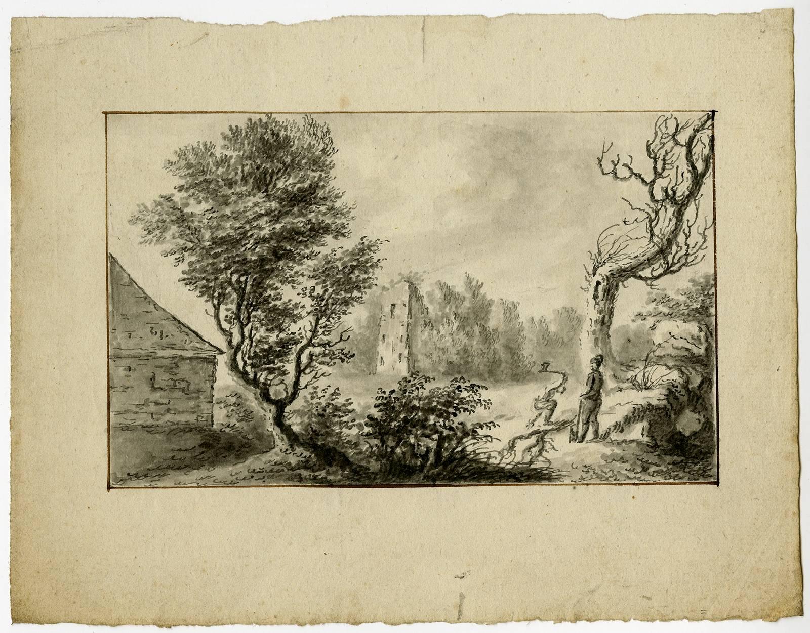 Unknown Landscape Art - Untitled - This drawing shows two loggers near a barn, ruin and trees.