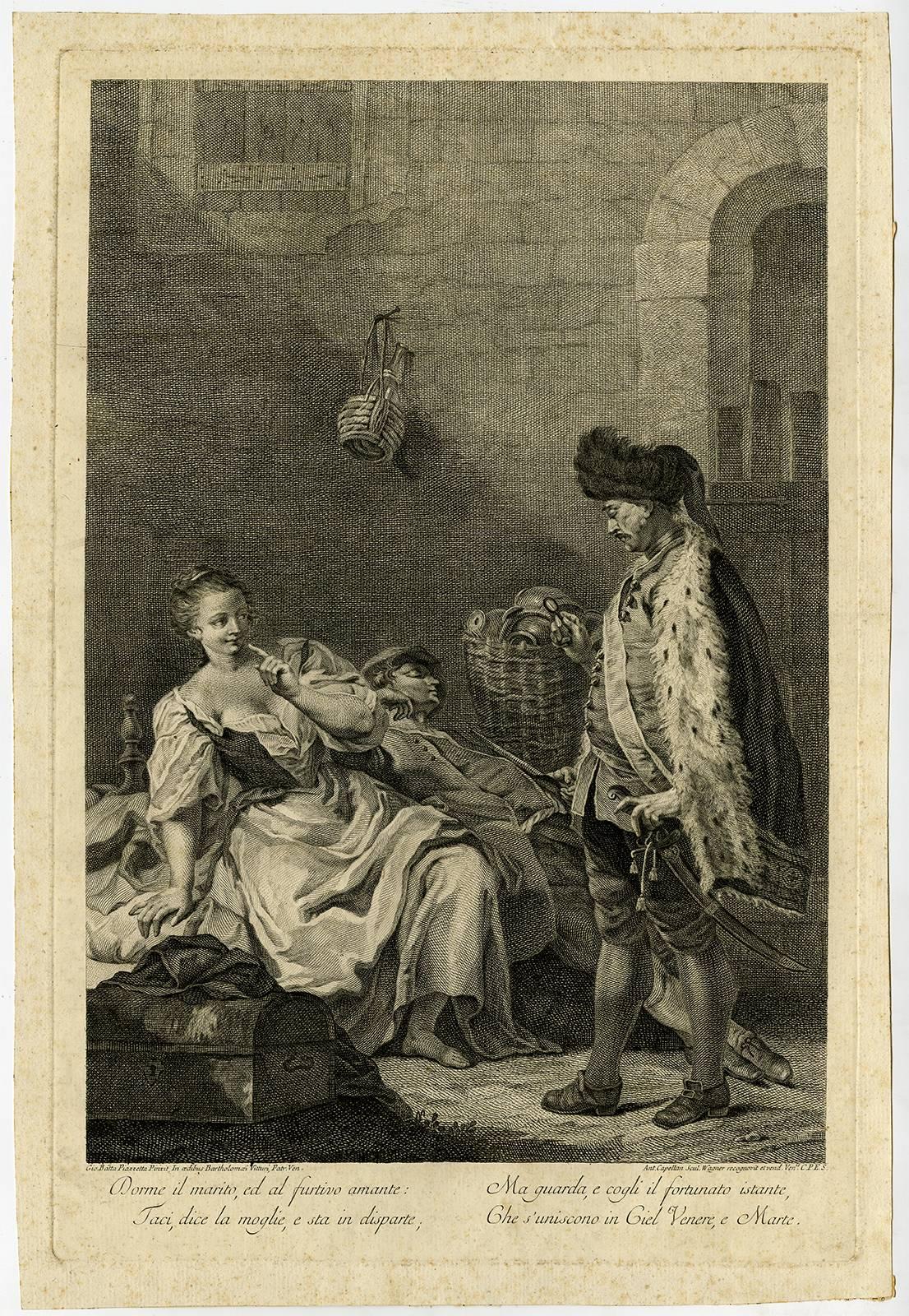 Antonio Capellan Figurative Print - Dorme il marito ed al furtivo amante [...] - A married woman whose husband [...]